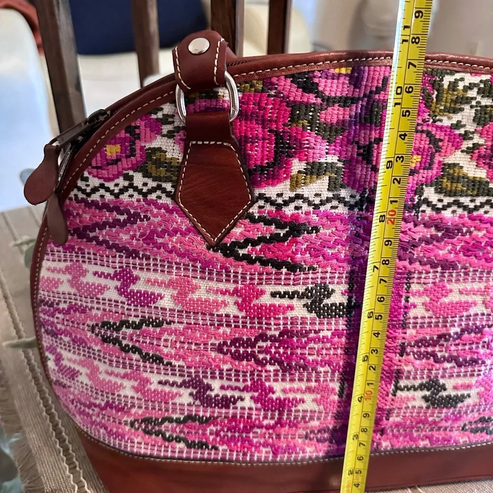 Leather Satchel w/ Pink Floral & Southwestern Pattern Embroidery